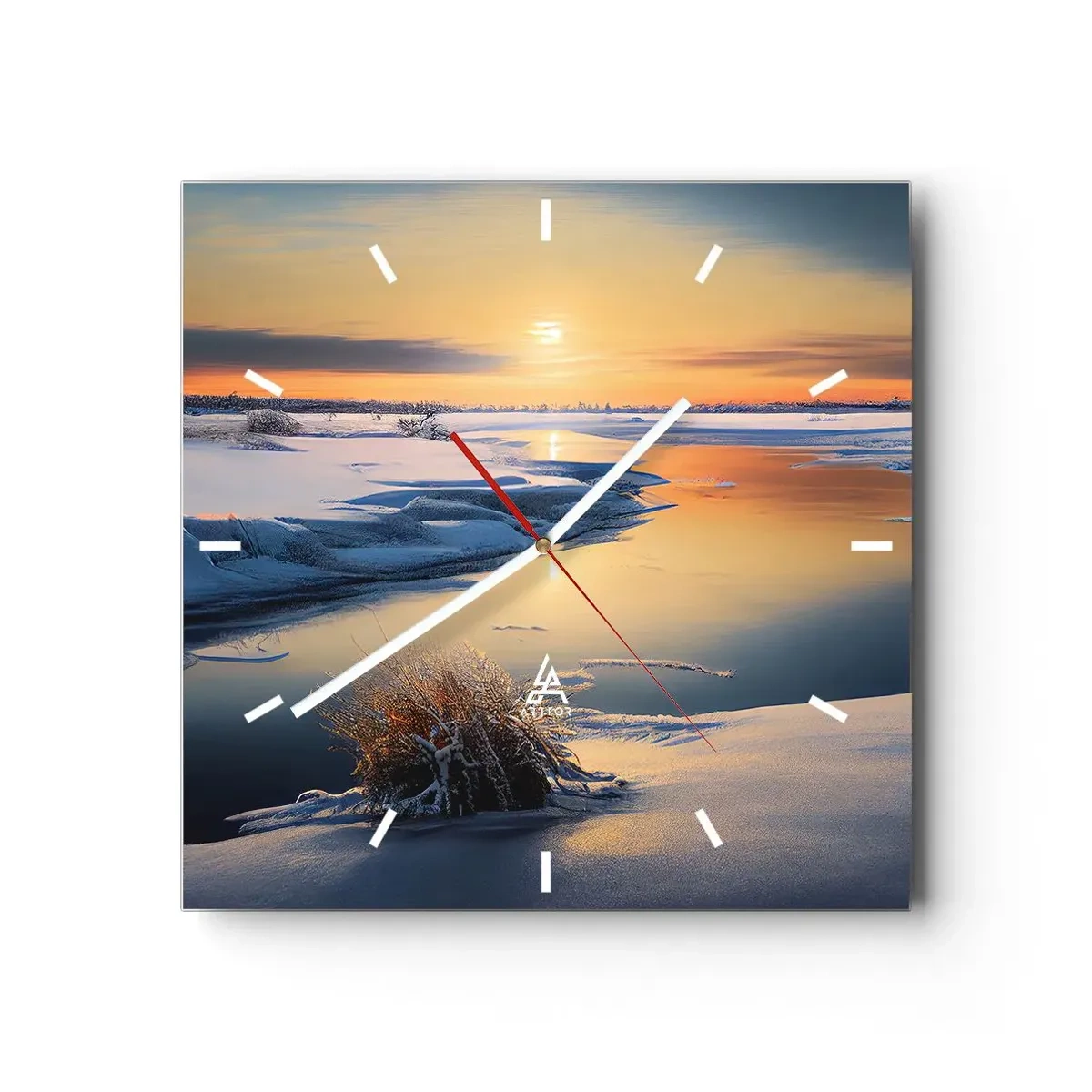 Väggklocka - Klocka på glas - Vintersolnedgång - 40x40 cm