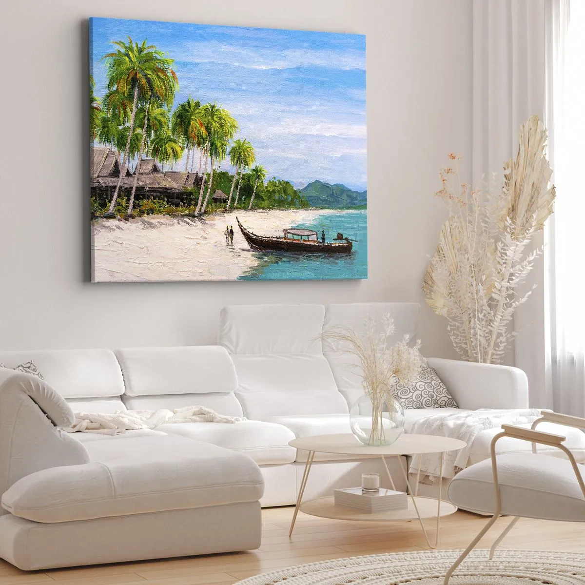 Canvastavla - Bild på duk - En exotisk strand med palmer och en båt vid stranden - 70x50cm - En exotisk dröm - Modern väggdekoration för vardagsrum och sovrum ARTTOR