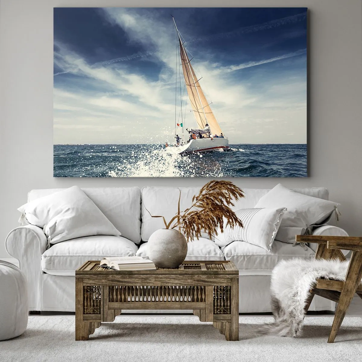 Canvastavla - Bild på duk - En segelbåt på ett stormigt hav under en blå himmel - 70x50cm - De hinner inte ikapp oss! - Modern väggdekoration för vardagsrum och sovrum ARTTOR