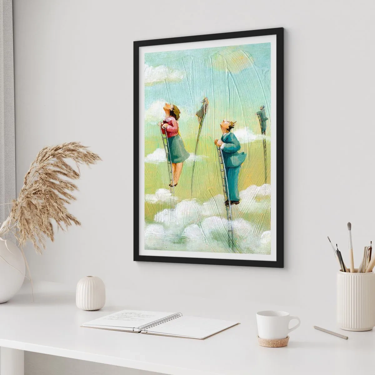 Affisch i svart ram - Karaktärer som klättrar på stegar i molnen - 50x70cm - Efter din dröm - Modern väggdekoration för vardagsrum och sovrum ARTTOR