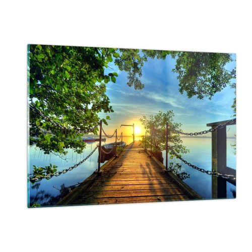 Glastavla - Bild på glas - Solnedgång vid vatten - 120x80 cm