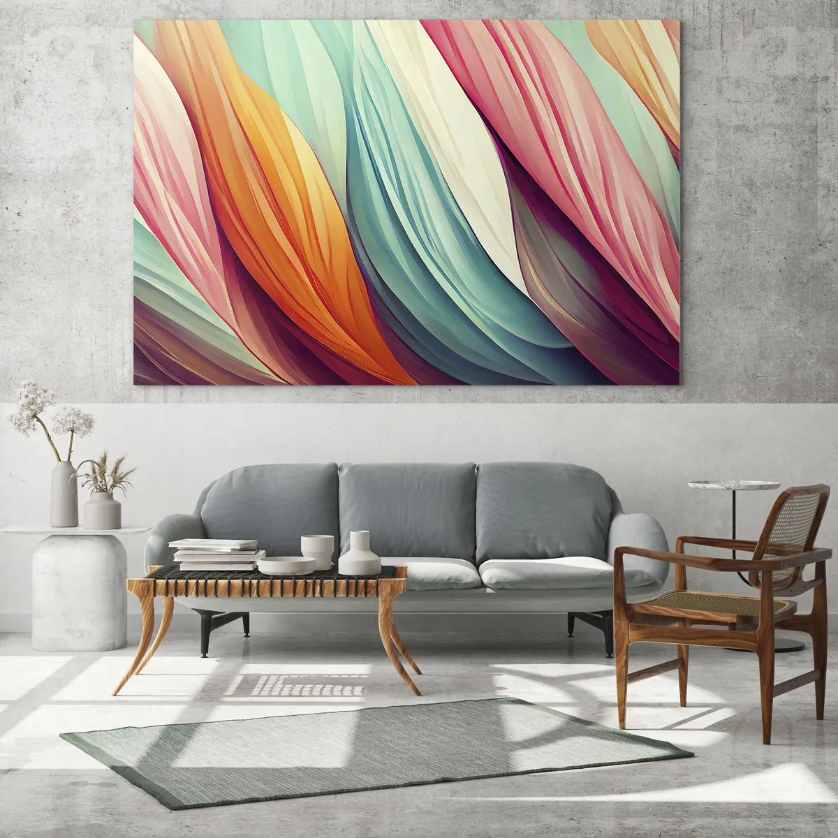 Glastavla - Bild på glas - En färgglad väv av abstrakta ränder i pasteller - 70x50cm - Regnbågsväv - Modern väggdekoration för vardagsrum och sovrum ARTTOR