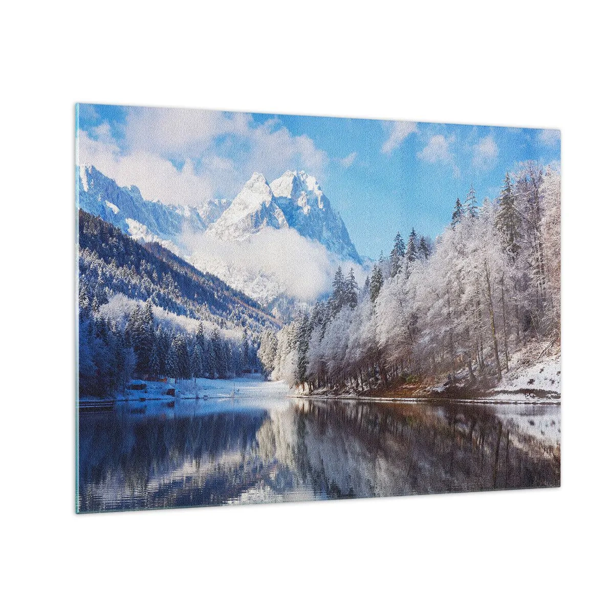 Glastavla - Bild på glas - Vinterlandskap med berg och en frusen sjö - 70x50cm - Snövakt - Modern väggdekoration för vardagsrum och sovrum ARTTOR