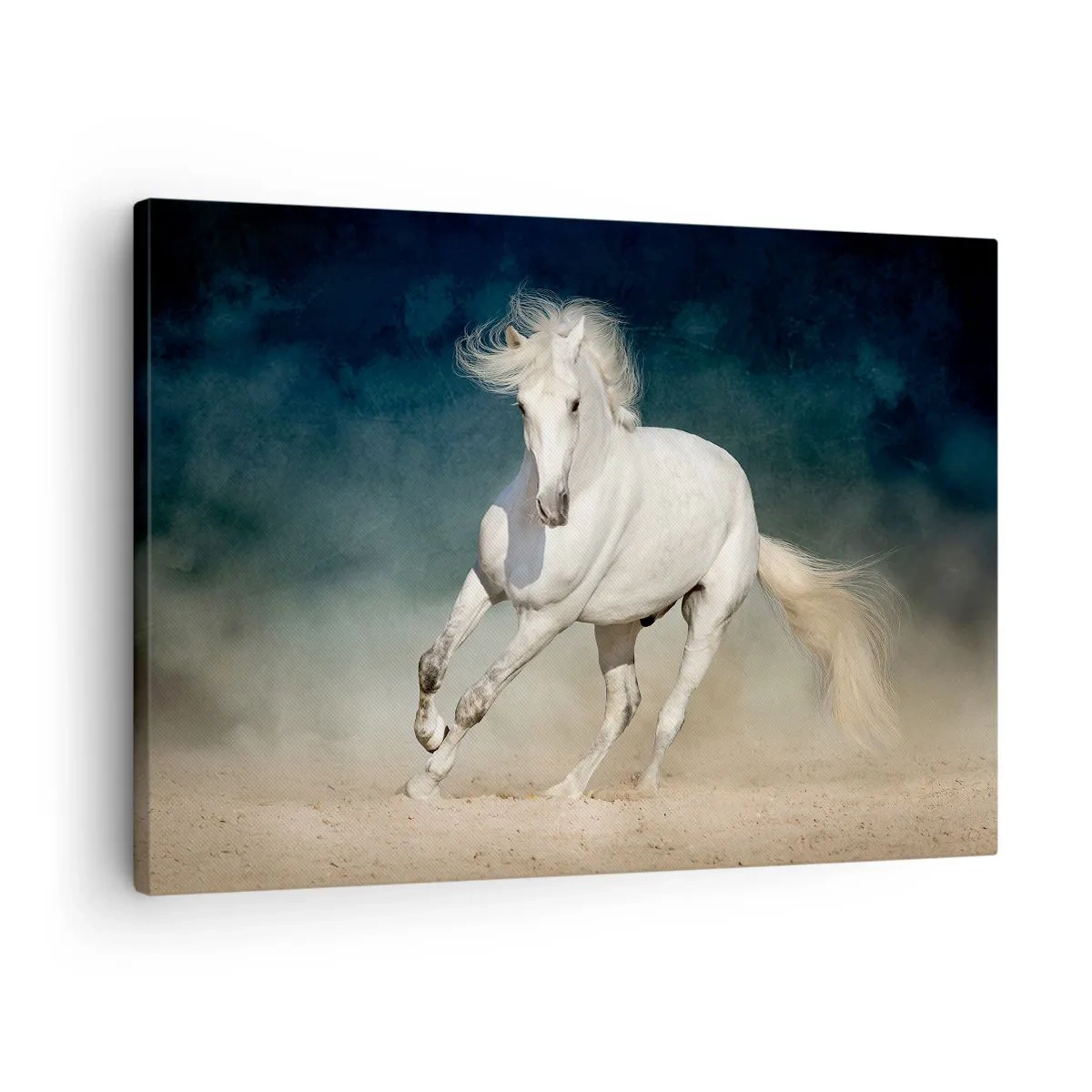 Canvastavla - Bild på duk - En vit häst galopperar mot en suddig himmel - 70x50cm - Frihet i ett rent tillstånd - Modern väggdekoration för vardagsrum och sovrum ARTTOR