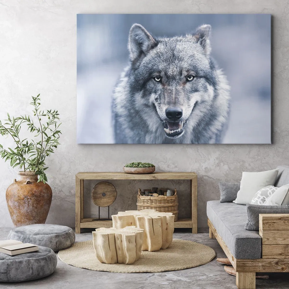 Canvastavla - Bild på duk - En varg med intensiv blick i ett vinterlandskap - 70x50cm - Tar du utmaningen? - Modern väggdekoration för vardagsrum och sovrum ARTTOR