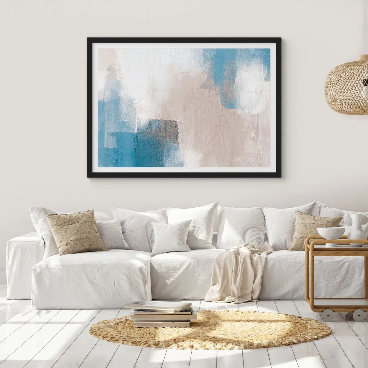 Affisch i svart ram - Rosa abstraktion bakom en blå slöja - 100x70 cm