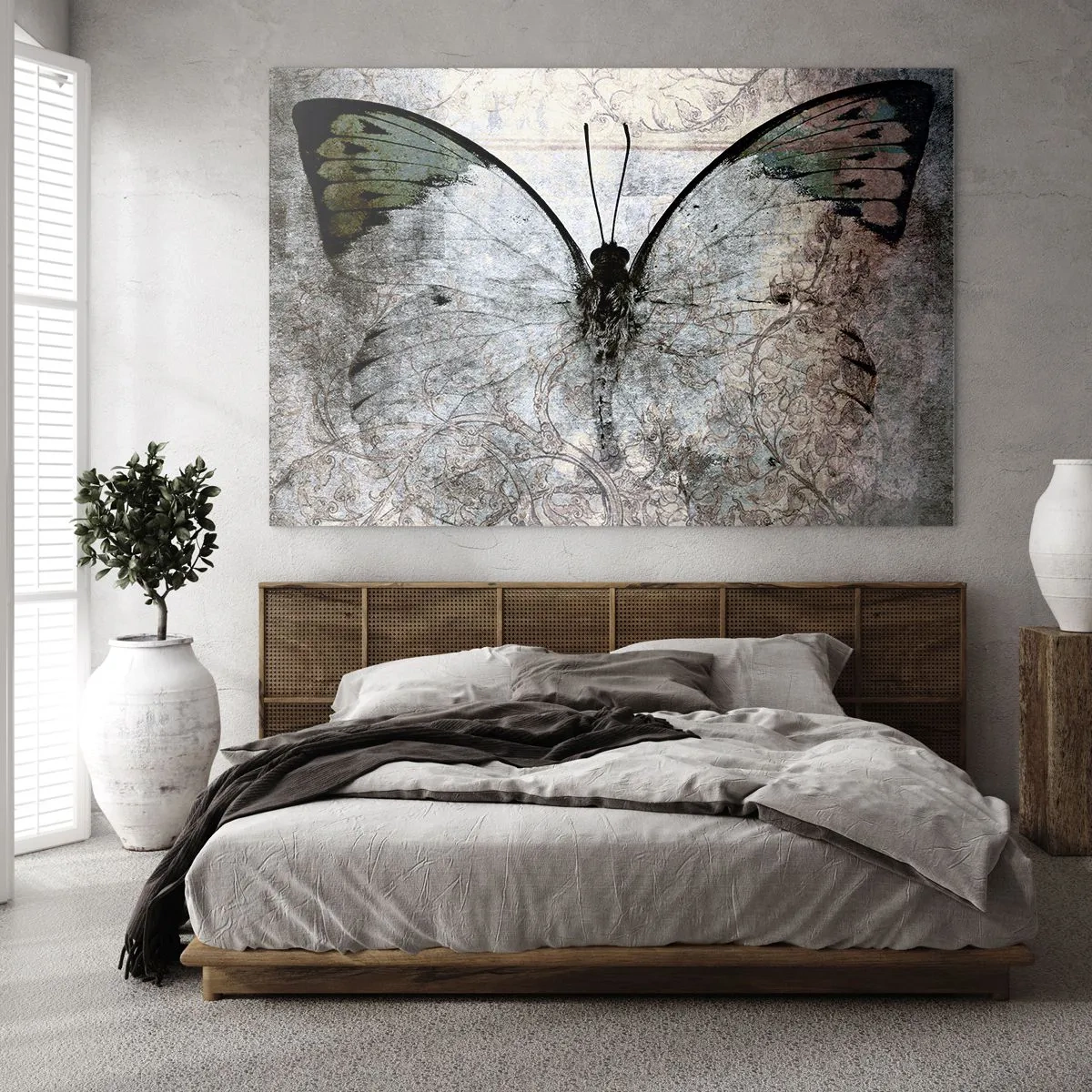 Glastavla - Bild på glas - Abstrakt fjäril på bakgrunden av en gammal prydnad - 70x50cm - I Jugendstil - Modern väggdekoration för vardagsrum och sovrum ARTTOR