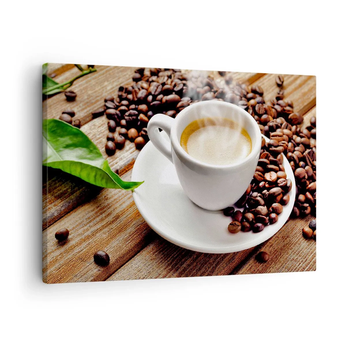 Canvastavla - Bild på duk - En kopp aromatiskt kaffe mot bakgrund av bönor och ett blad - 70x50cm - Kaffe på bordet - Modern väggdekoration för vardagsrum och sovrum ARTTOR