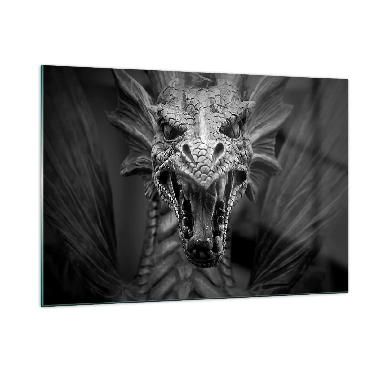 Glastavla - Bild på glas - En sagodrake i grånyans - 120x80 cm