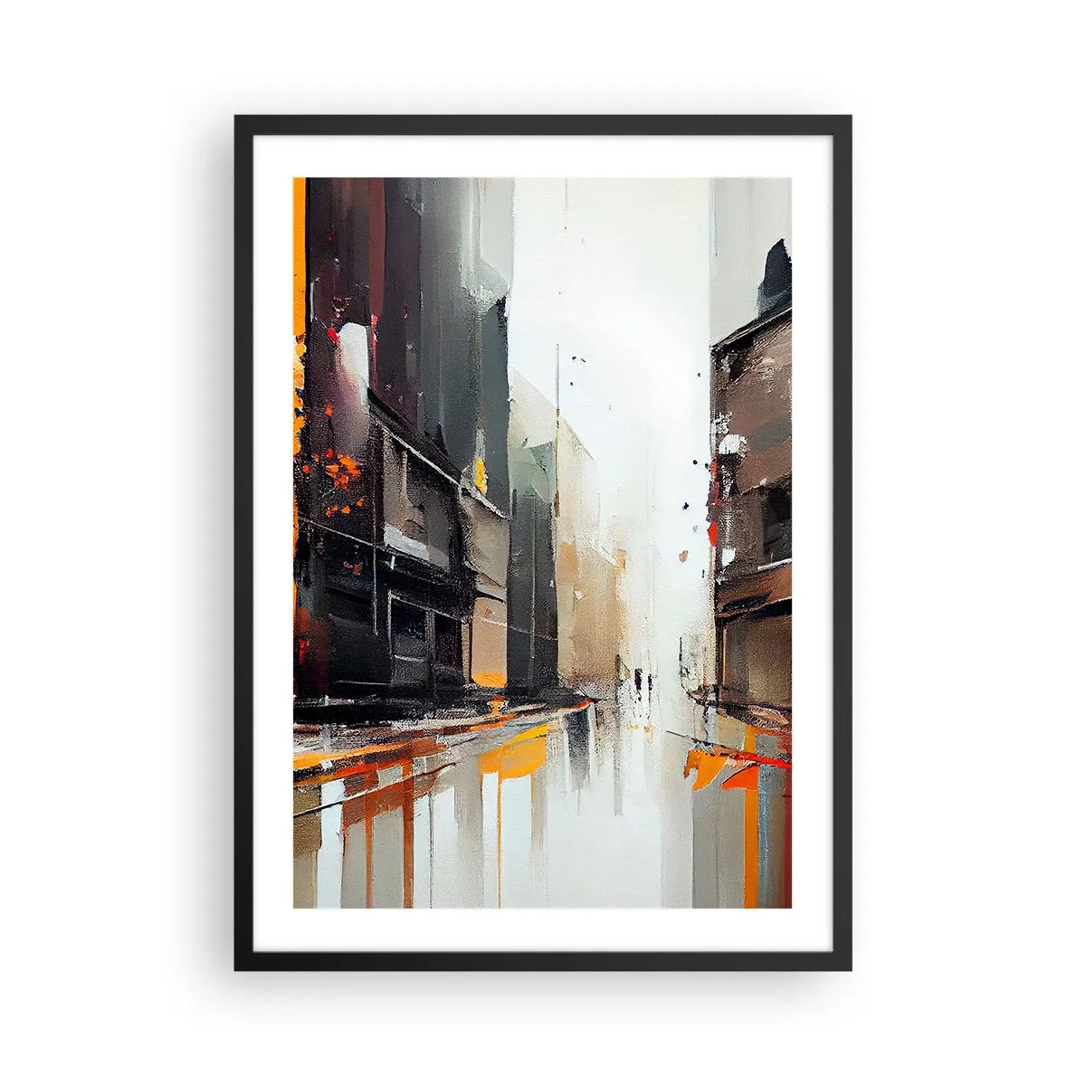Affisch i svart ram - Abstrakt stadspanorama i nyanser av grått och orange - 50x70cm - Regnig dag - Modern väggdekoration för vardagsrum och sovrum ARTTOR
