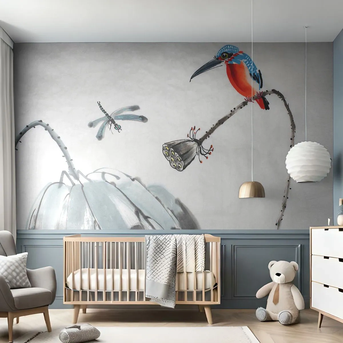 Fototapet Standard Eco - Ängens liv - Abstraktion, Fågel, Blomma - 350x256 cm