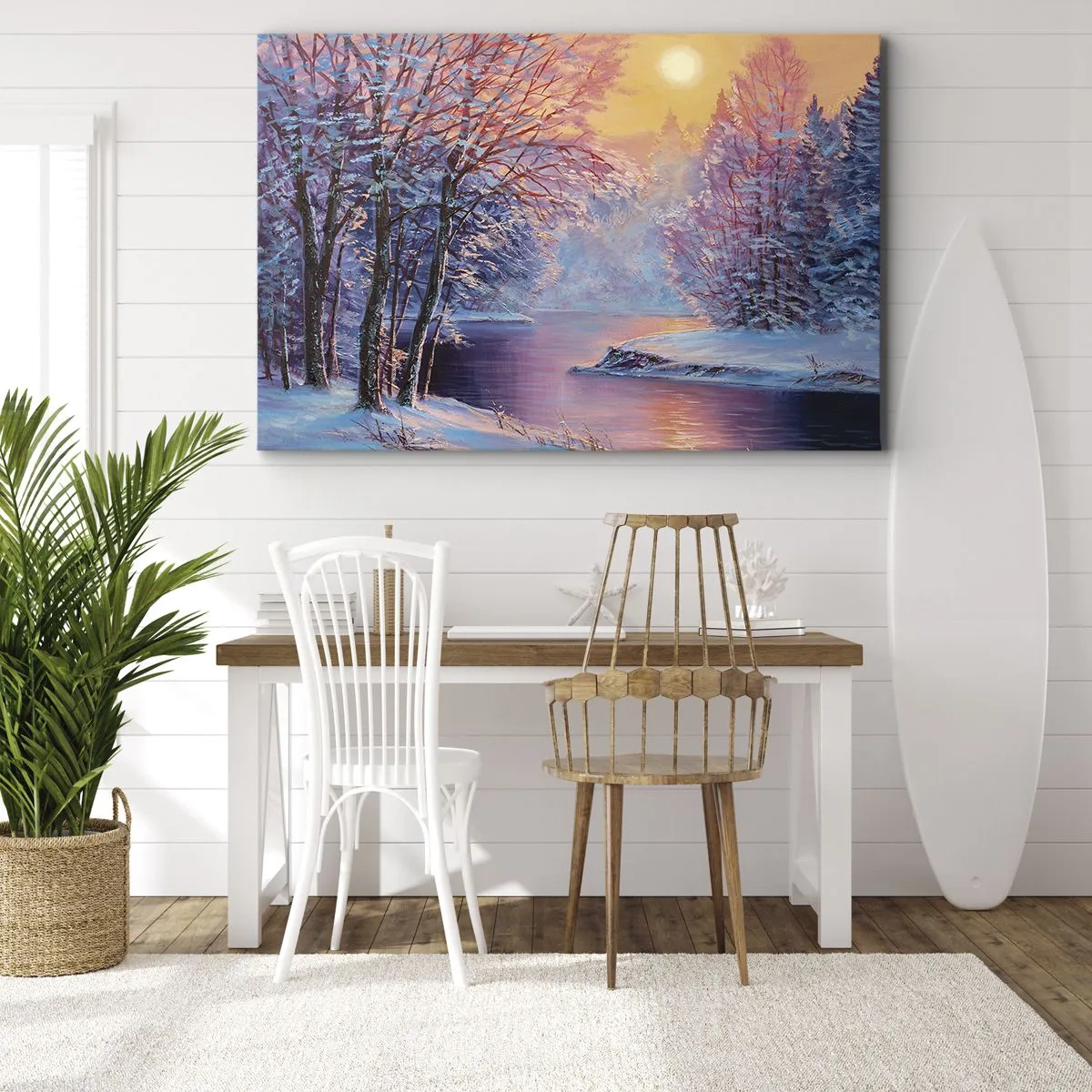 Canvastavla - Bild på duk - Vinterlandskap med flod och träd vid soluppgången - 70x50cm - Vinterns färger - Modern väggdekoration för vardagsrum och sovrum ARTTOR