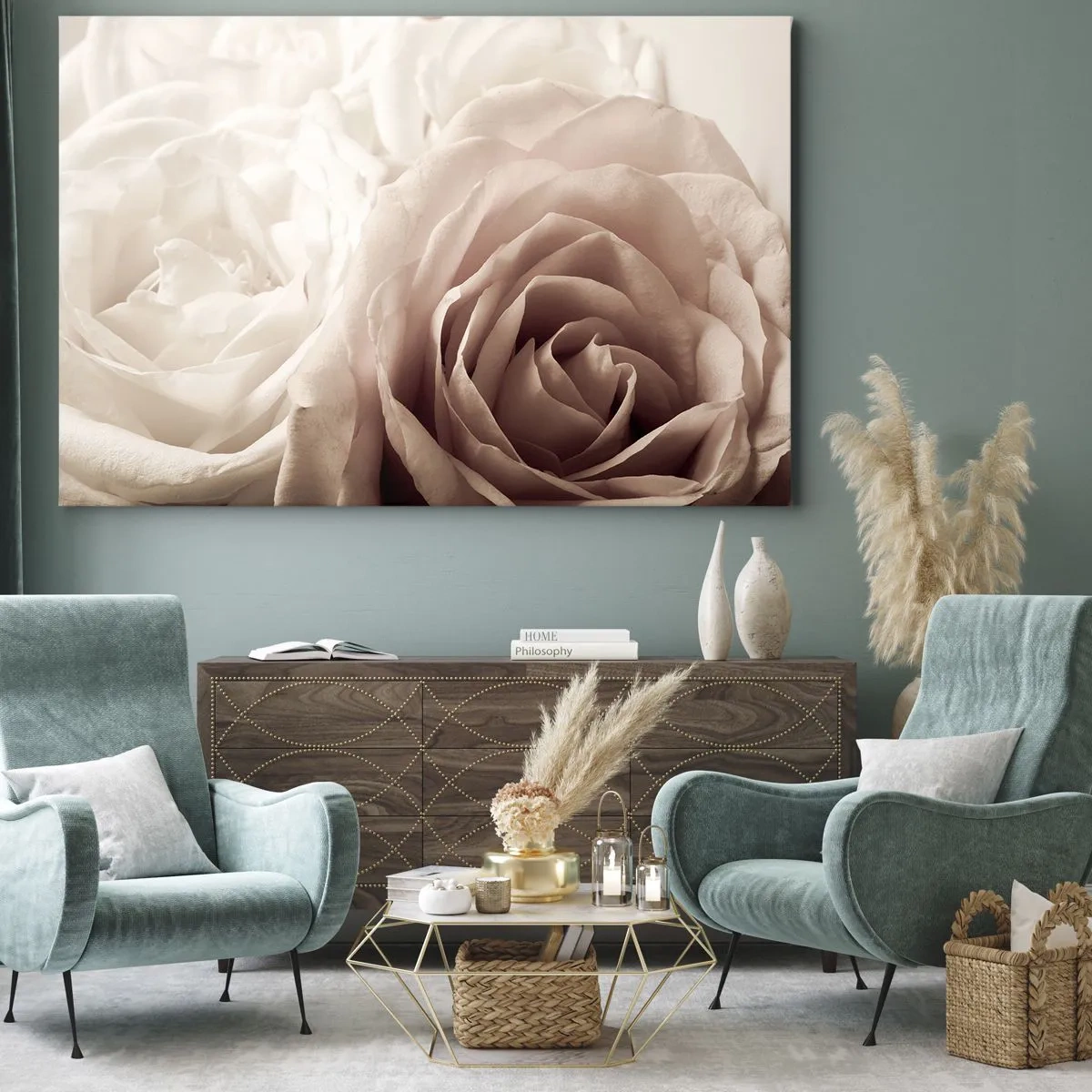 Canvastavla - Bild på duk - Fina rosor i pastellfärgade beige nyanser - 70x50cm - I hjärtat av en ros - Modern väggdekoration för vardagsrum och sovrum ARTTOR