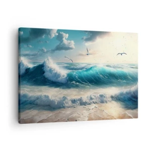 Canvastavla - Bild på duk - Havsvågor på stranden under en blå himmel med måsar - 70x50cm - Ljuder endast för dig - Modern väggdekoration för vardagsrum och sovrum ARTTOR