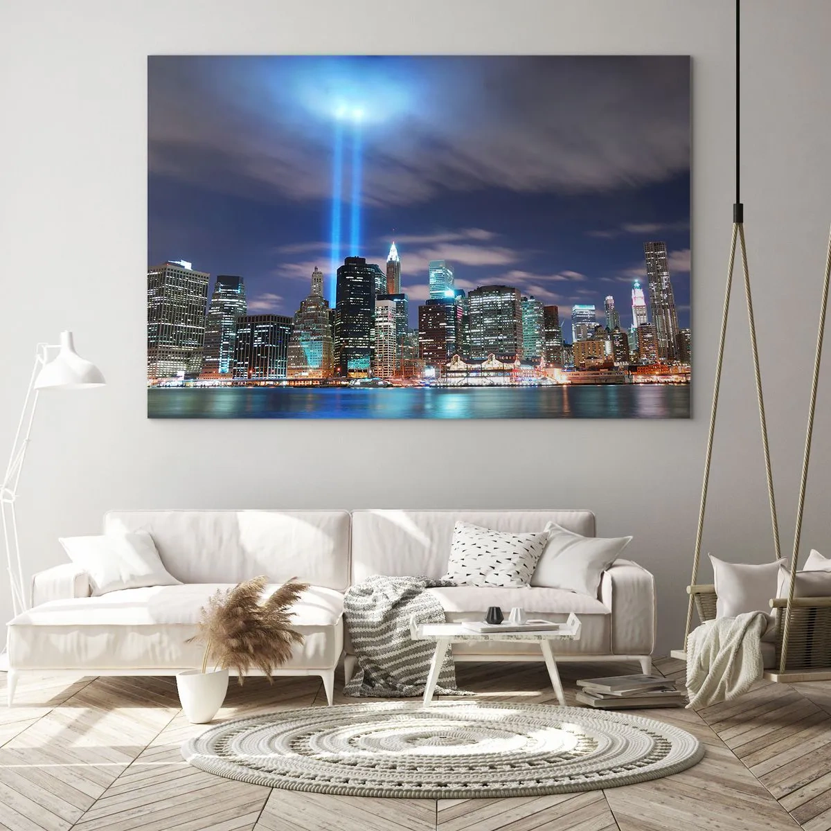 Glastavla - Bild på glas - Kvällspanorama över staden med spotlights - 70x50cm - Nå himlen med ljuset - Modern väggdekoration för vardagsrum och sovrum ARTTOR