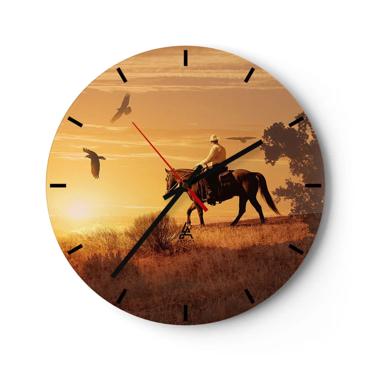 Väggklocka - Klocka på glas - Cowboy på hästryggen i solnedgången - 30x30cm - Ensamt genom prärien - Modern väggdekoration för vardagsrum, kök och sovrum ARTTOR