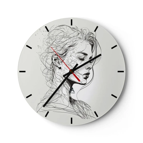 Väggklocka - Klocka på glas - Svartvit skiss av en kvinnas ansikte i tanke - 30x30cm - Porträtt i drömmar - Modern väggdekoration för vardagsrum, kök och sovrum ARTTOR