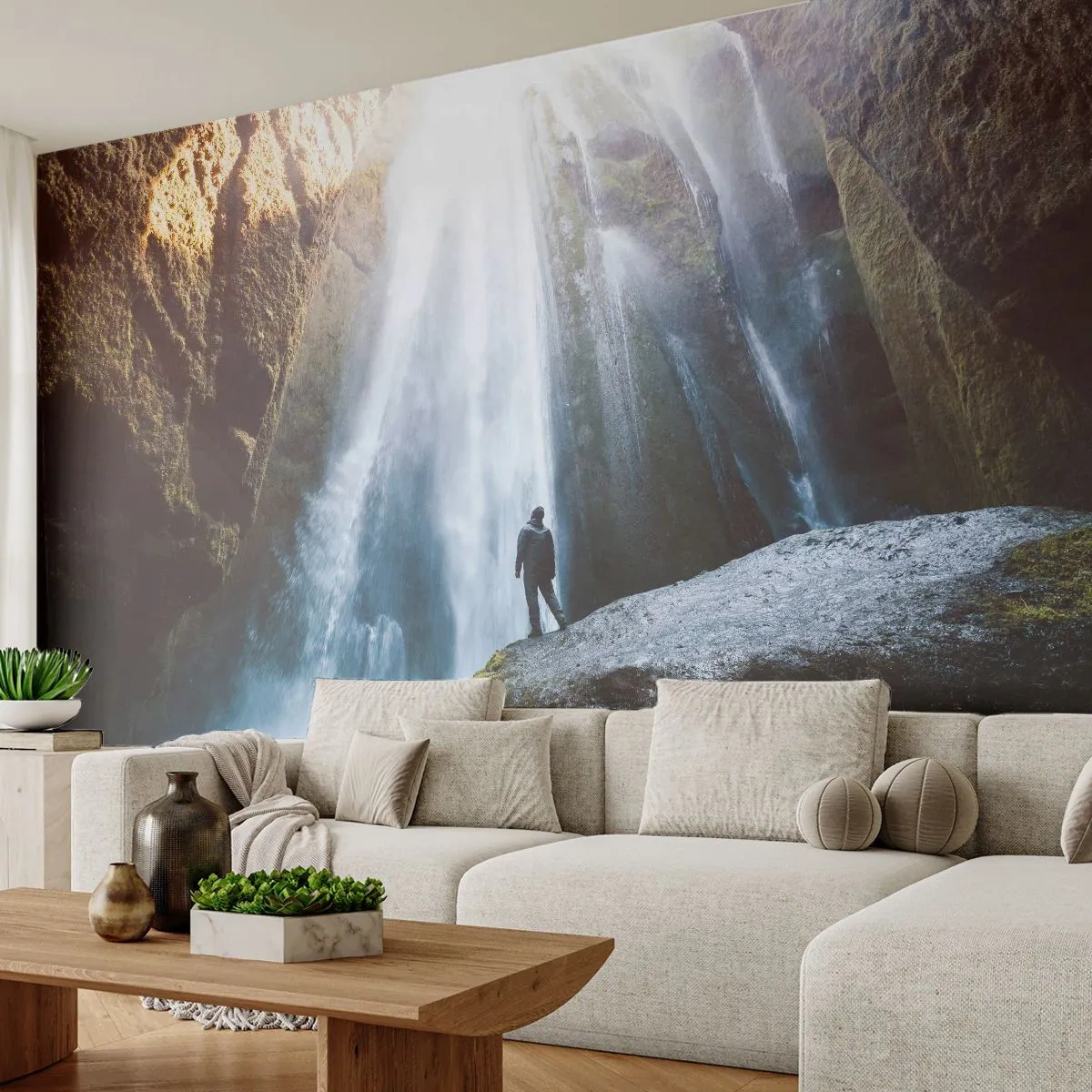 Fototapet Premium Canvas - Proportioner återställs - Vattenfall, Stenar, Grotta - 350x256 cm