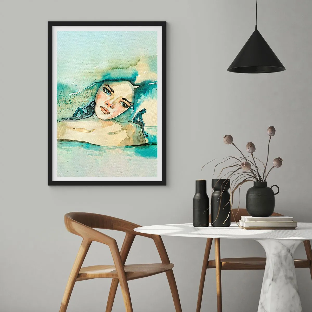 Affisch i svart ram - Porträtt av en kvinna i konstnärlig akvarellstil - 50x70cm - Am I blue? - Modern väggdekoration för vardagsrum och sovrum ARTTOR