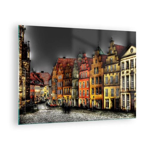 Glastavla - Bild på glas - Färgglada hyreshus mot bakgrund av en molnig himmel - 70x50cm - Det saknas bar förtrollad droska - Modern väggdekoration för vardagsrum och sovrum ARTTOR