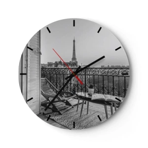 Väggklocka - Klocka på glas - Utsikt från Eiffeltornets balkong i svartvitt - 30x30cm - En eftermiddag i Paris - Modern väggdekoration för vardagsrum, kök och sovrum ARTTOR