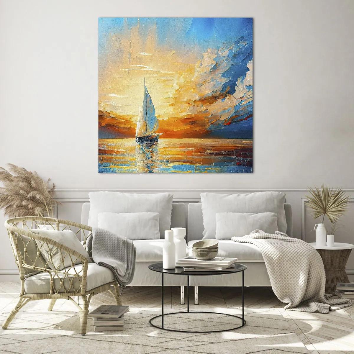 Glastavla - Bild på glas - Segla i gult - 70x70 cm