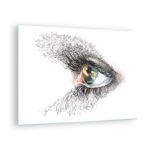 Glastavla - Bild på glas - Ett gyllene öga omgivet av dynamiska linjer och abstrakta detaljer - 70x50cm - Titta rakt in i själen - Modern väggdekoration för vardagsrum och sovrum ARTTOR