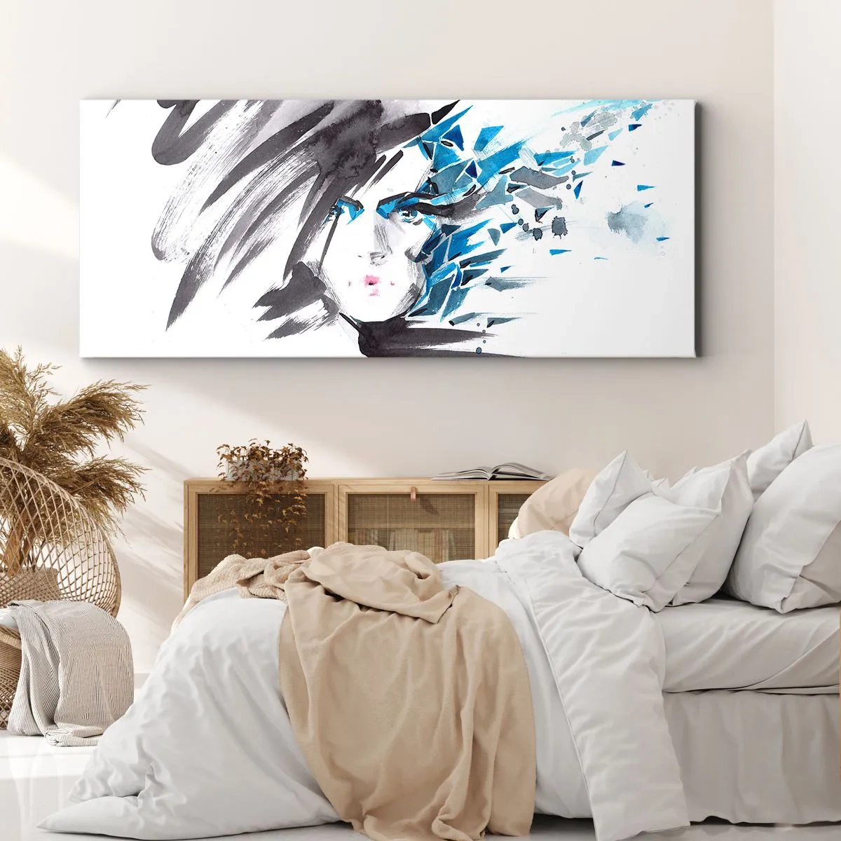 Canvastavla - Bild på duk - Sensuell porträtt i grått och blått - 140x50 cm