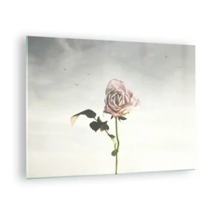 Glastavla - Bild på glas - En delikat ros mot himlen med flygande fåglar - 70x50cm - Vårens välkomst - Modern väggdekoration för vardagsrum och sovrum ARTTOR