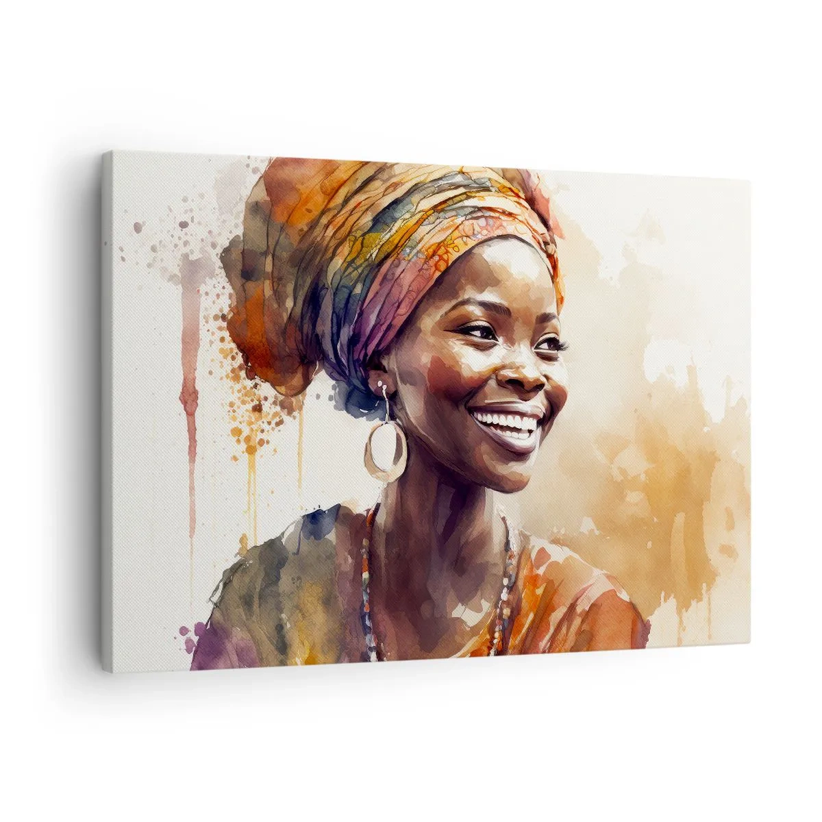 Canvastavla - Bild på duk - Porträtt av en leende kvinna i en färgglad halsduk i akvarell - 70x50cm - Afrikansk drottning - Modern väggdekoration för vardagsrum och sovrum ARTTOR