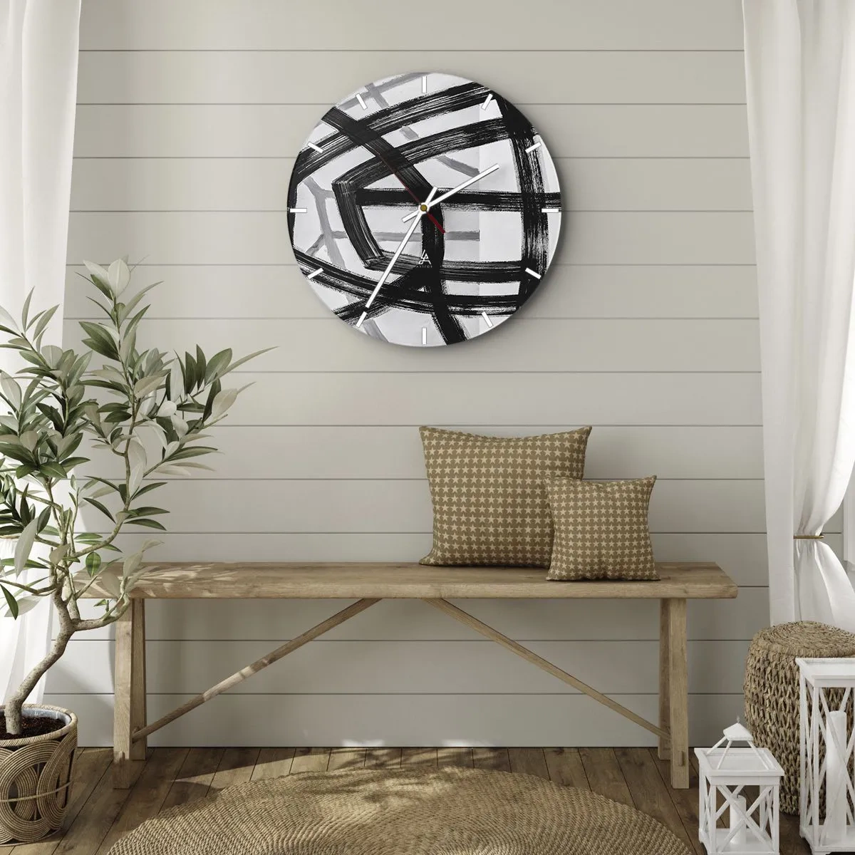 Väggklocka - Klocka på glas - Dynamiska svarta penseldrag som skapar tredimensionella mönster - 30x30cm - Att skapa djupet - Modern väggdekoration för vardagsrum, kök och sovrum ARTTOR