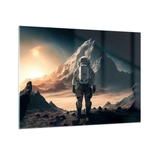 Glastavla - Bild på glas - Astronaut på en främmande planet med ett bergigt landskap - 70x50cm - En ny utmaning - Modern väggdekoration för vardagsrum och sovrum ARTTOR
