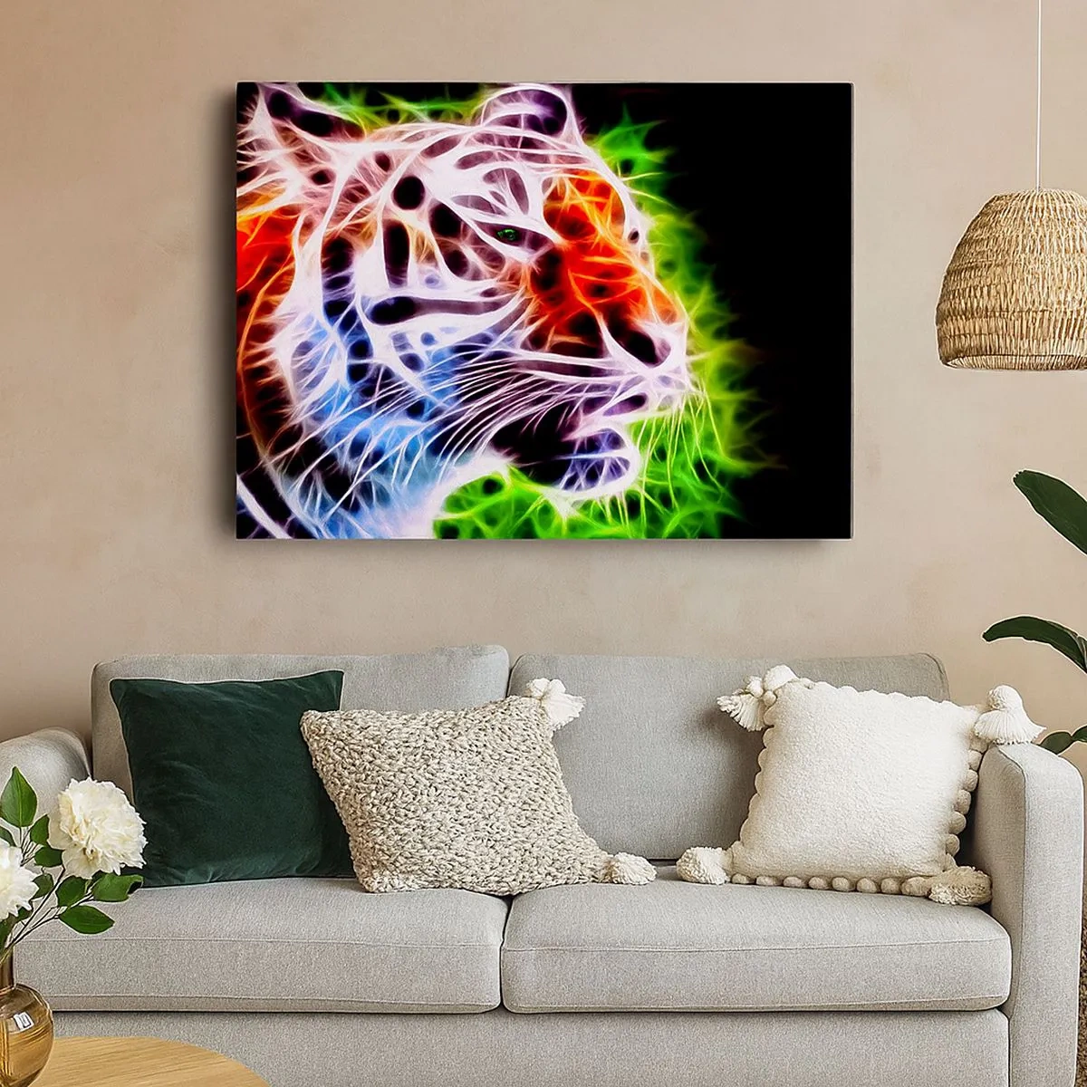 Canvastavla - Bild på duk - Färgglatt konstnärligt porträtt av en tiger i neonstil mot svart bakgrund. - 70x50cm - Farlig stämning - Modern väggdekoration för vardagsrum och sovrum ARTTOR
