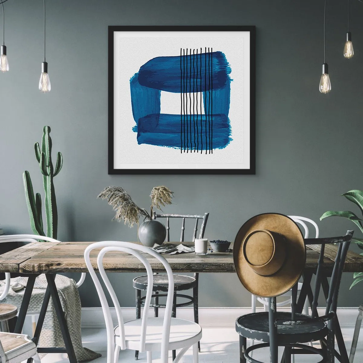 Affisch i svart ram - Svart-blå komposition - 50x50 cm