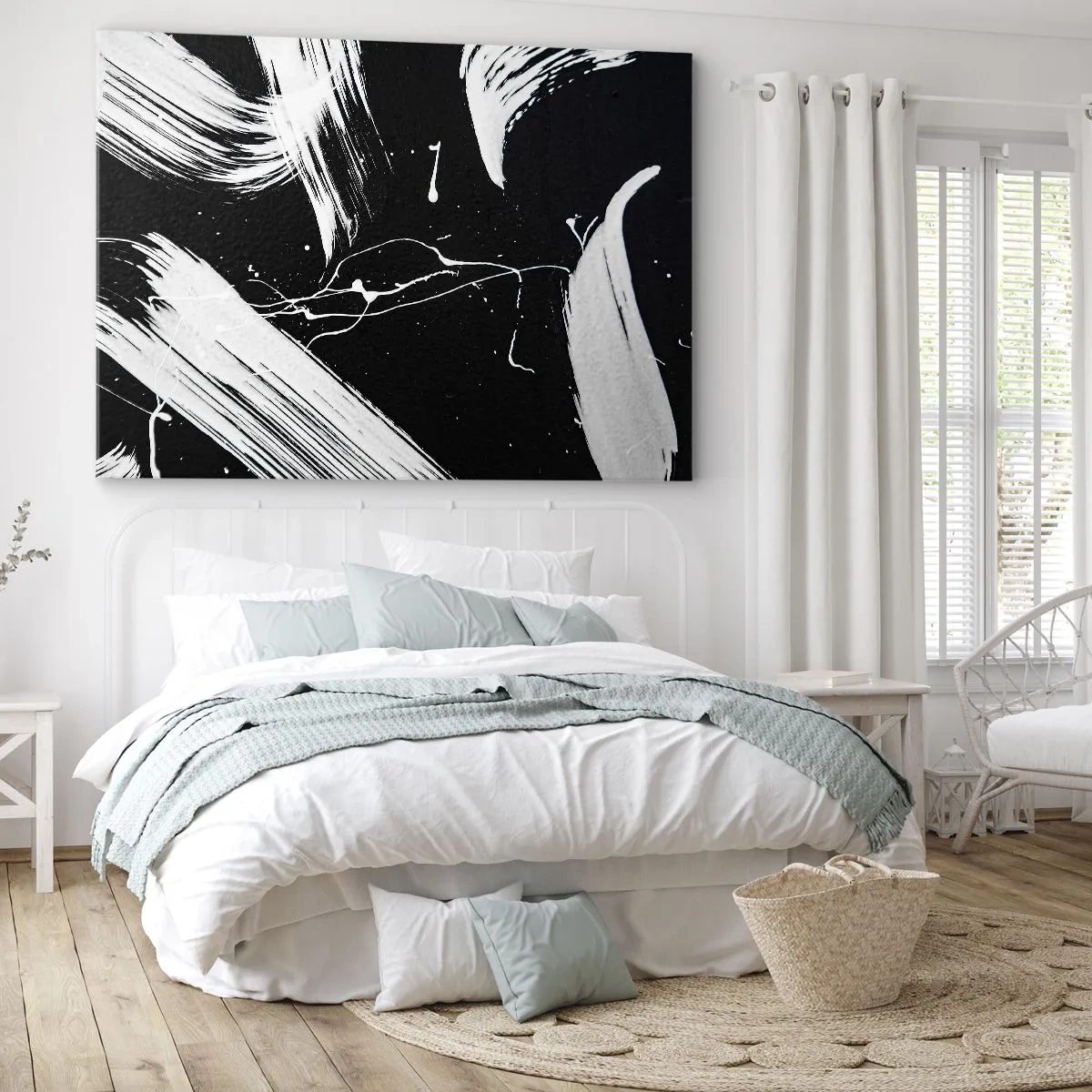Canvastavla - Bild på duk - Abstrakta vita streck på svart bakgrund - 70x50cm - Bryta mörkret - Modern väggdekoration för vardagsrum och sovrum ARTTOR