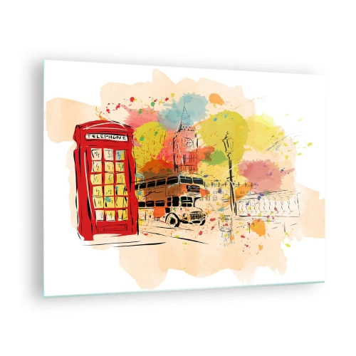 Glastavla - Bild på glas - En röd telefonkiosk, en dubbeldäckare och Big Ben - 70x50cm - Mångfaldens stad - Modern väggdekoration för vardagsrum och sovrum ARTTOR