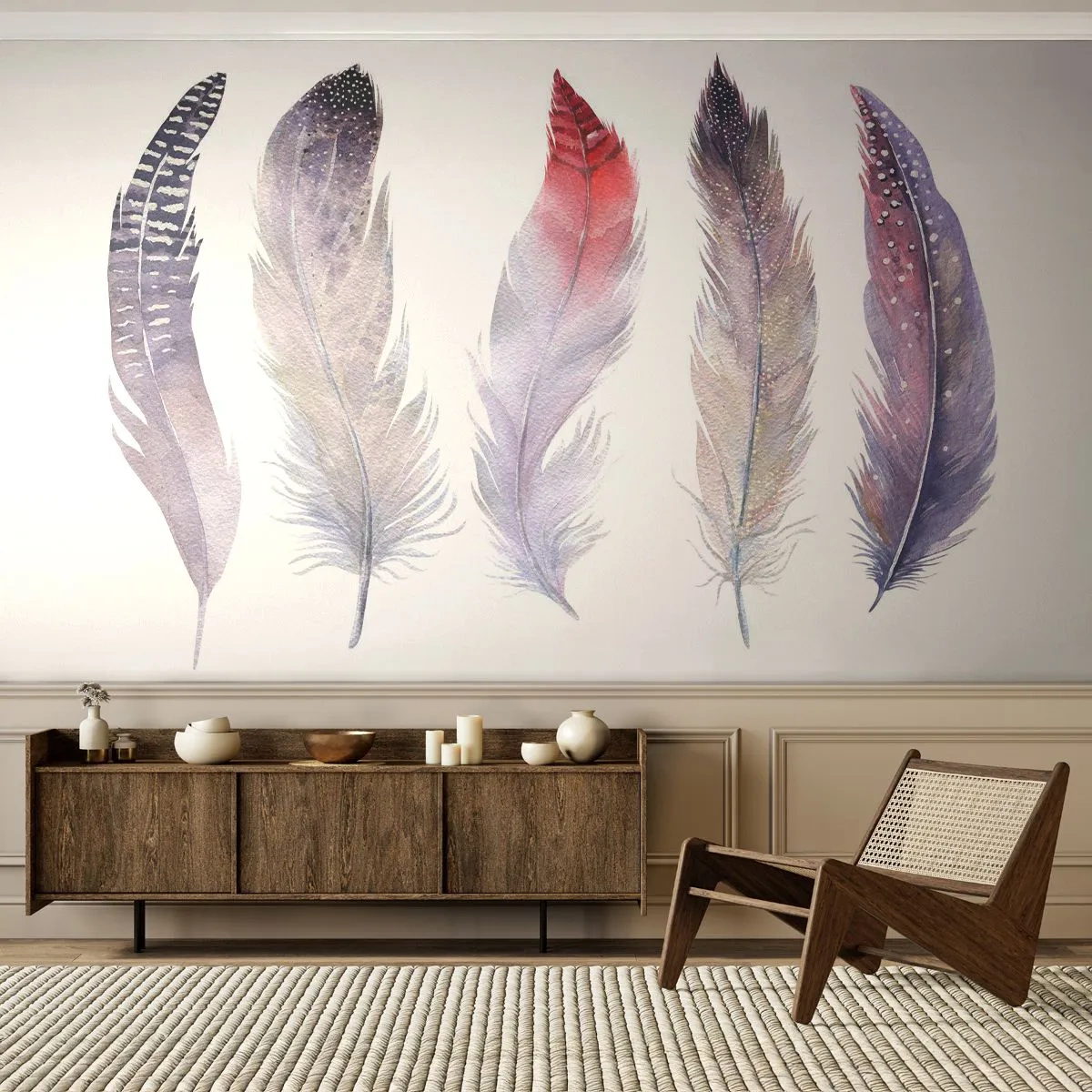 Självhäftande Fototapet Deluxe Sticker - Fin som färgrik dimma - Fågel fjäder, Boho, Grafik - 250x175 cm