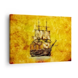 Canvastavla - Bild på duk - En stiliserad teckning av ett segelfartyg mot en guldfärgad bakgrund med en vintagekänsla. - 70x50cm - Mot Tortuga! - Modern väggdekoration för vardagsrum och sovrum ARTTOR