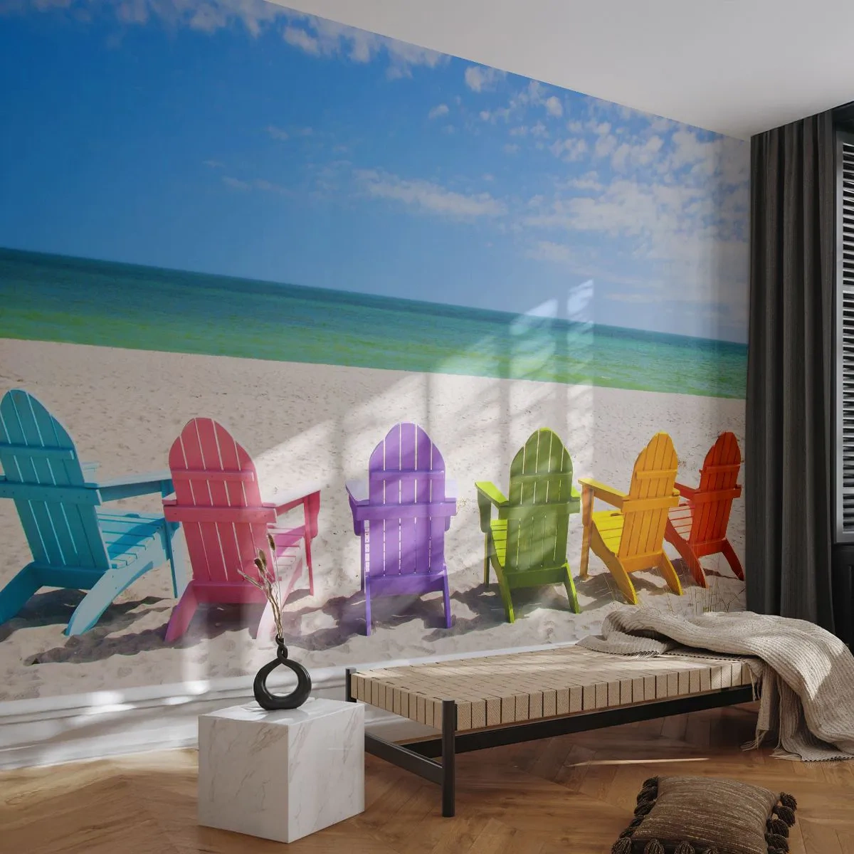Fototapet Premium Sand - Regnbågsstrand - Landskap, Strand, Solstolar - 100x70 cm