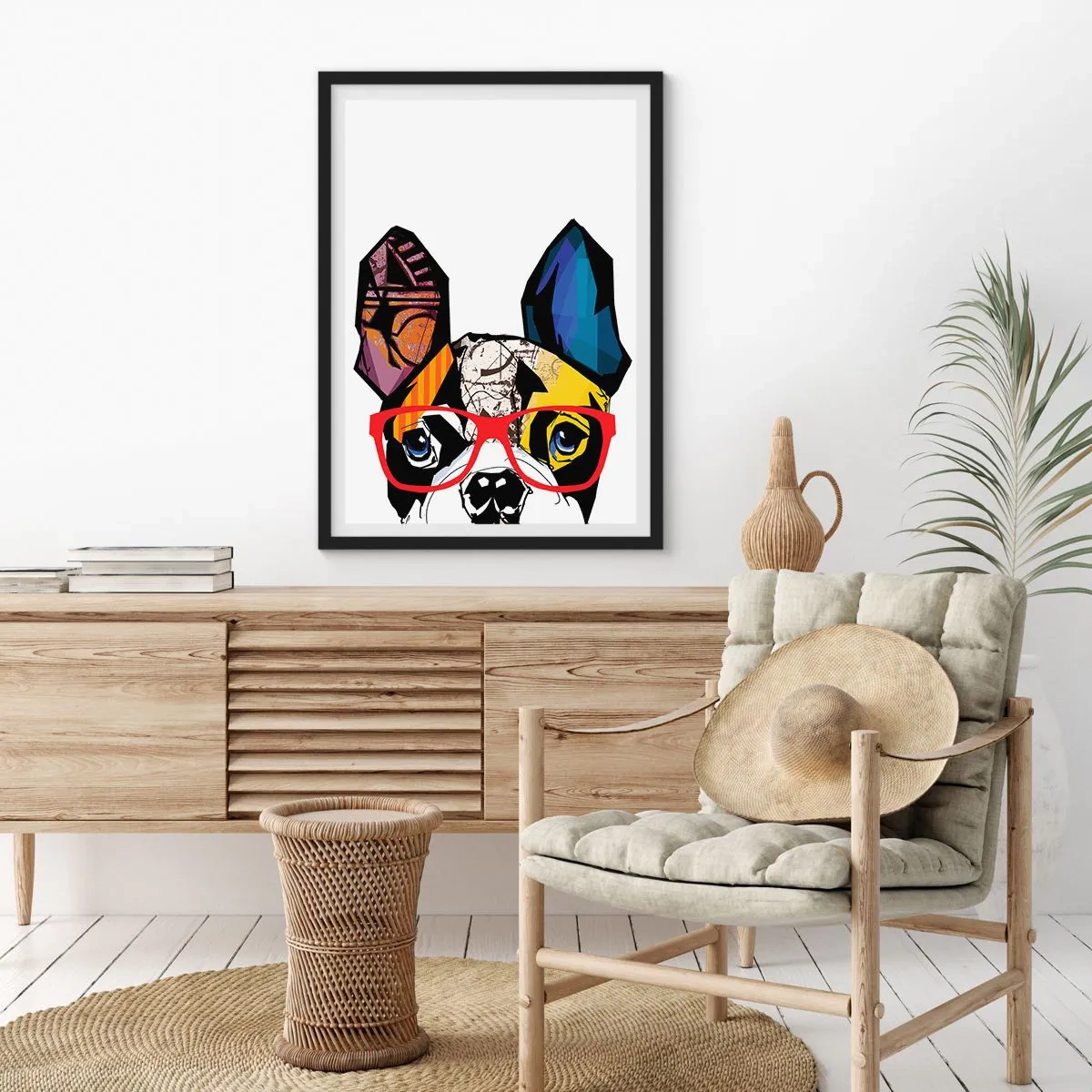 Affisch i svart ram - Färgglatt porträtt av en hund som bär glasögon - 50x70cm - Intellektuell - Modern väggdekoration för vardagsrum och sovrum ARTTOR
