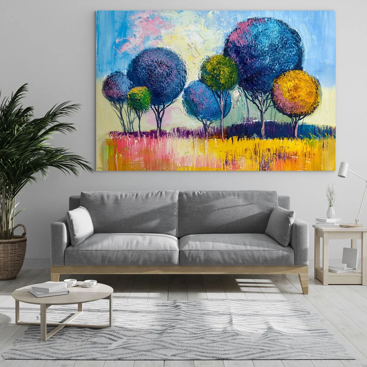Glastavla - Bild på glas - Färgglada träd mot en abstrakt landskapsbakgrund - 70x50cm - Kula - den perfekta formen - Modern väggdekoration för vardagsrum och sovrum ARTTOR