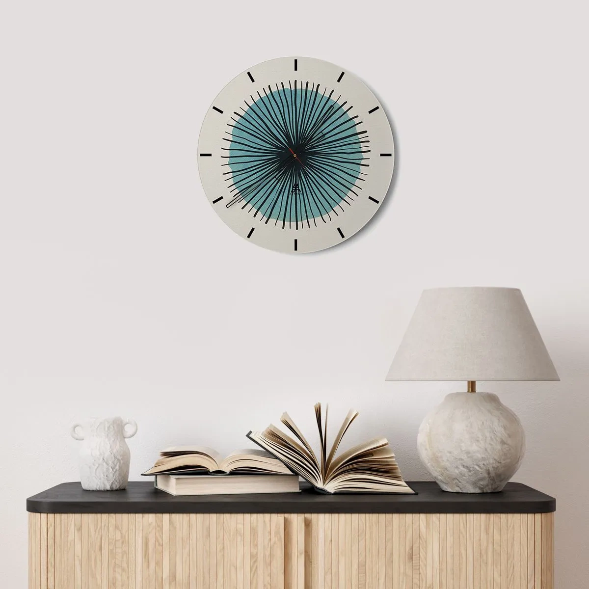 Väggklocka - Klocka på glas - Radier mot blått - 30x30 cm