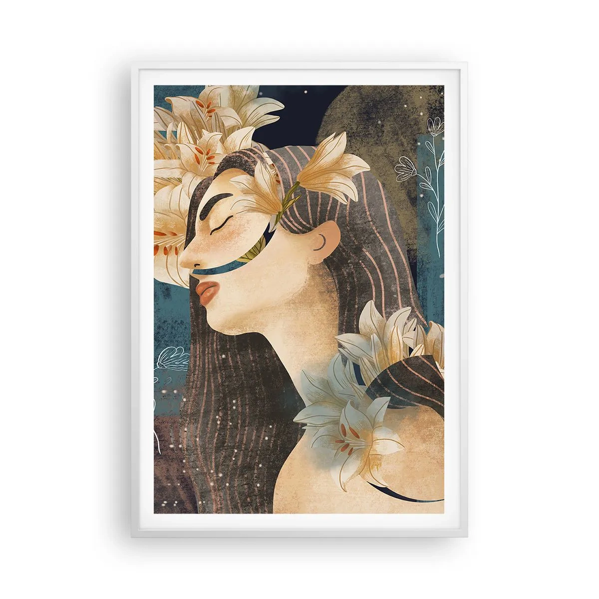 Affisch i vit ram - Sagan om drottning med liljor - 70x100 cm