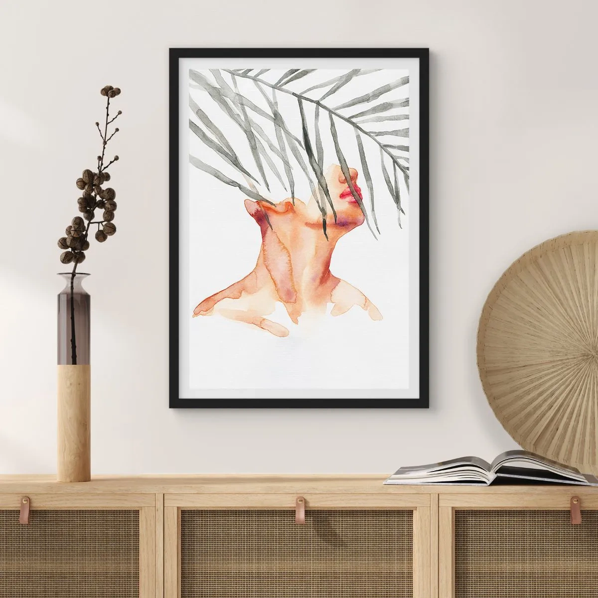 Affisch i svart ram - Akvarell kvinna med palmblad som täcker hennes ansikte - 50x70cm - Känna tropikens puls - Modern väggdekoration för vardagsrum och sovrum ARTTOR