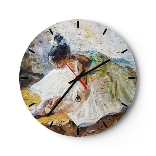 Väggklocka - Klocka på glas - En balettdansös i vit klänning avbildad i impressionistisk stil. - 30x30cm - Från Degas tavla - Modern väggdekoration för vardagsrum, kök och sovrum ARTTOR