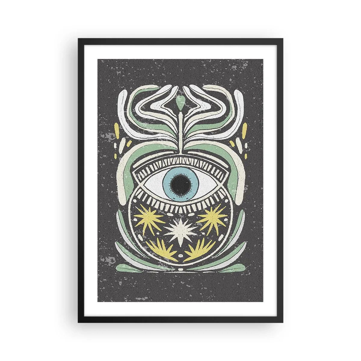 Affisch i svart ram - Ett symboliskt öga omgivet av växtmönster mot en mörk bakgrund. - 50x70cm - Stamritualer - Modern väggdekoration för vardagsrum och sovrum ARTTOR