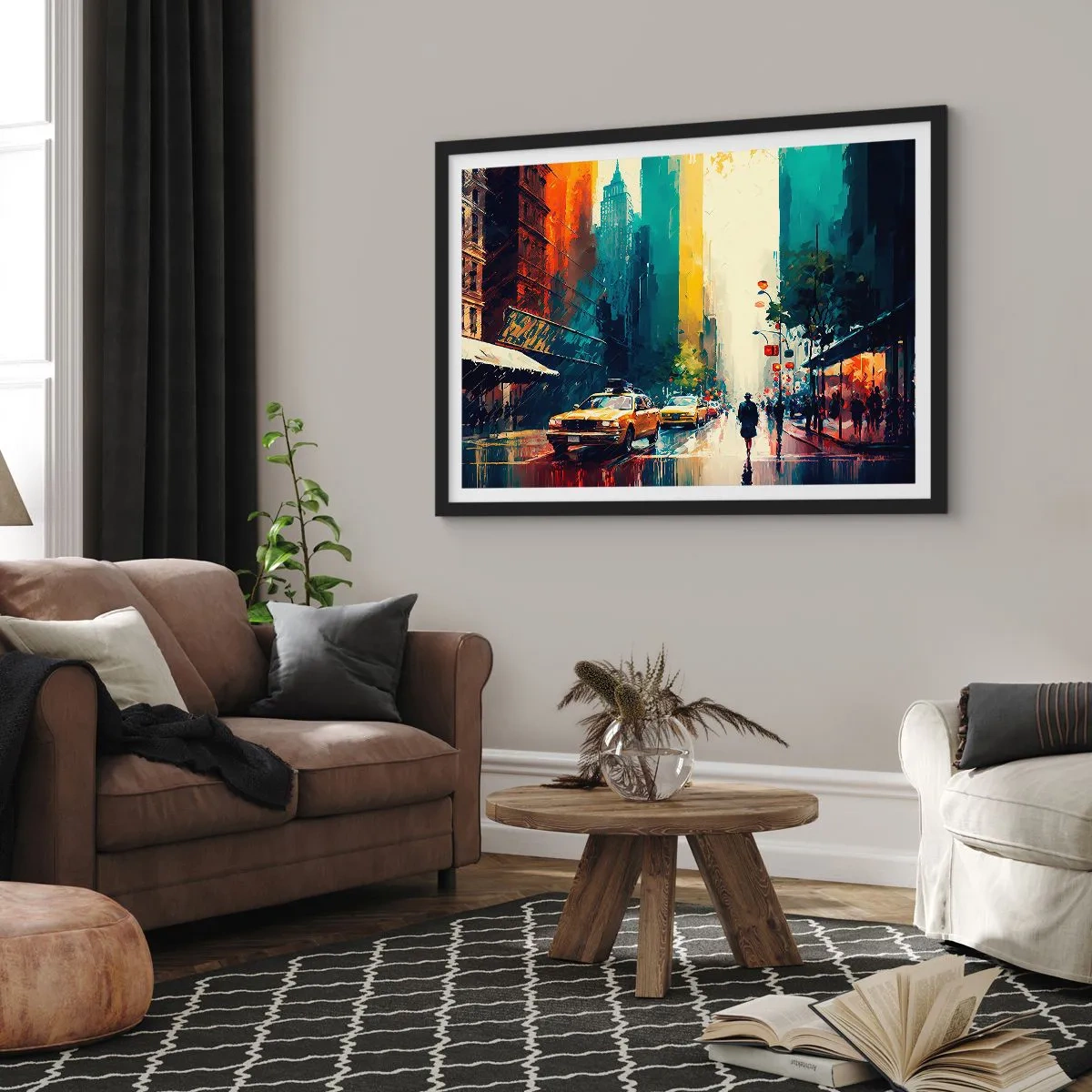 Affisch i svart ram - New York - här är till och med regnet färgstarkt - 70x50 cm