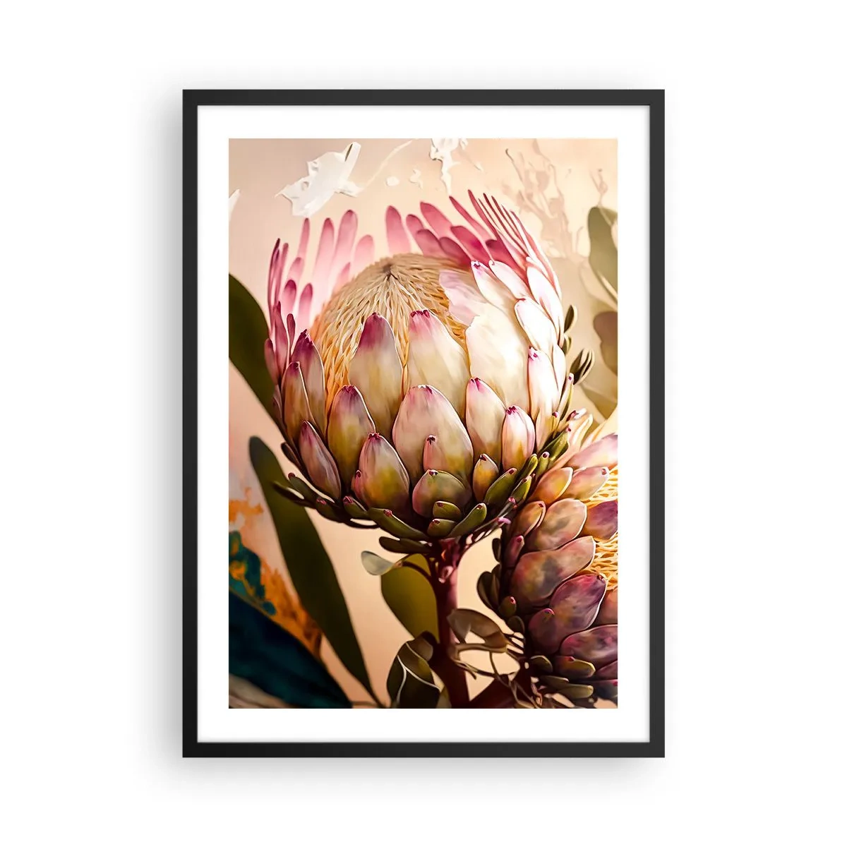 Affisch i svart ram - Närbild av en proteablomma i varma färger - 50x70cm - Ömsint omfamnad - Modern väggdekoration för vardagsrum och sovrum ARTTOR