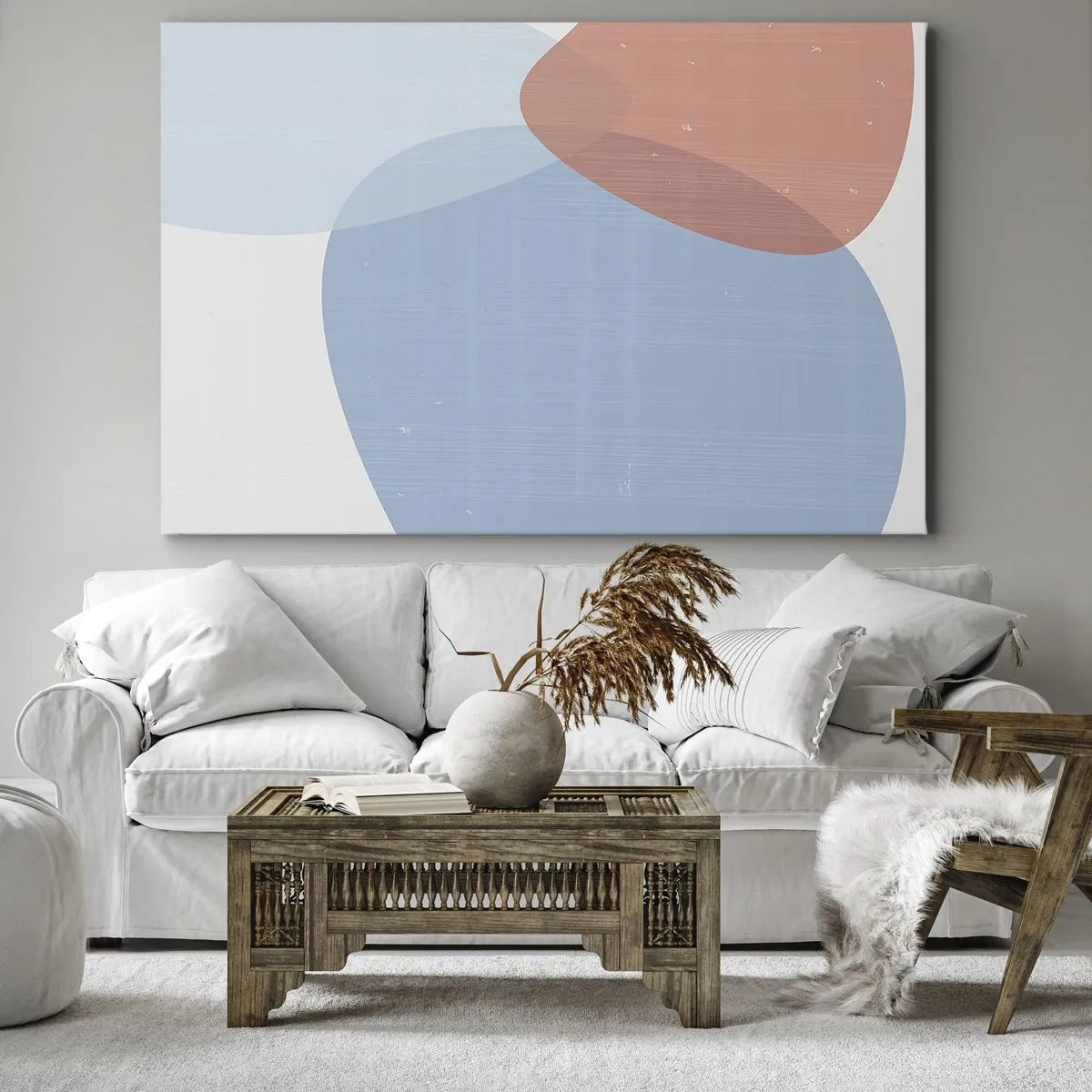 Canvastavla - Bild på duk - En abstrakt komposition i pastellnyanser av blått och rosa med organiska former. - 70x50cm - Pastellfärgade relationer - Modern väggdekoration för vardagsrum och sovrum ARTTOR