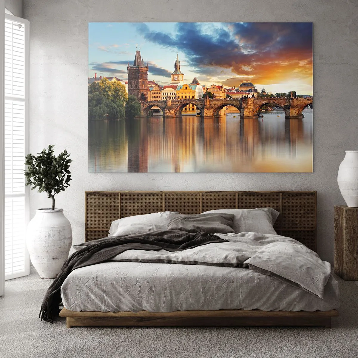 Glastavla - Bild på glas - Karlsbron vid solnedgången med pittoreska byggnader i bakgrunden - 70x50cm - Vacker sedan århundraden - Modern väggdekoration för vardagsrum och sovrum ARTTOR